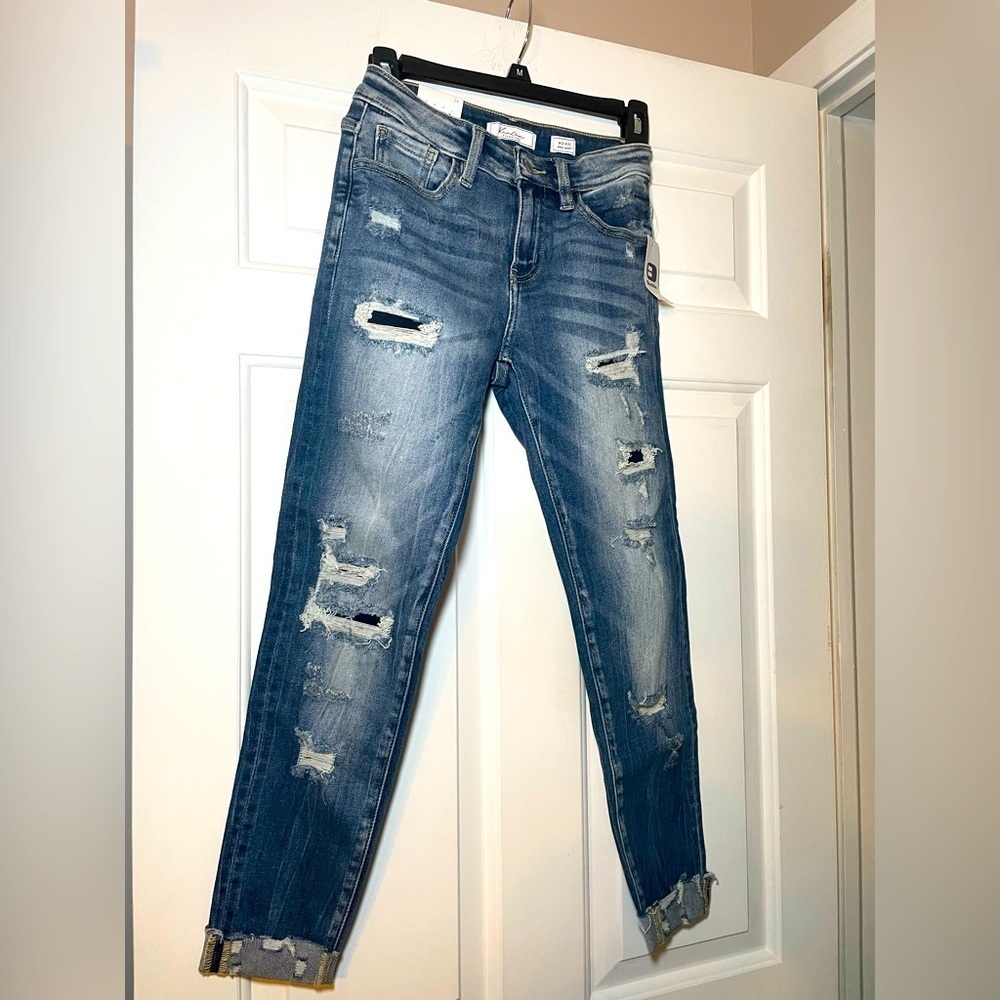 Kancan Signature Woman’s Mid Rise Ankle Skinny Jeans Size 24 Cuffed Distressed